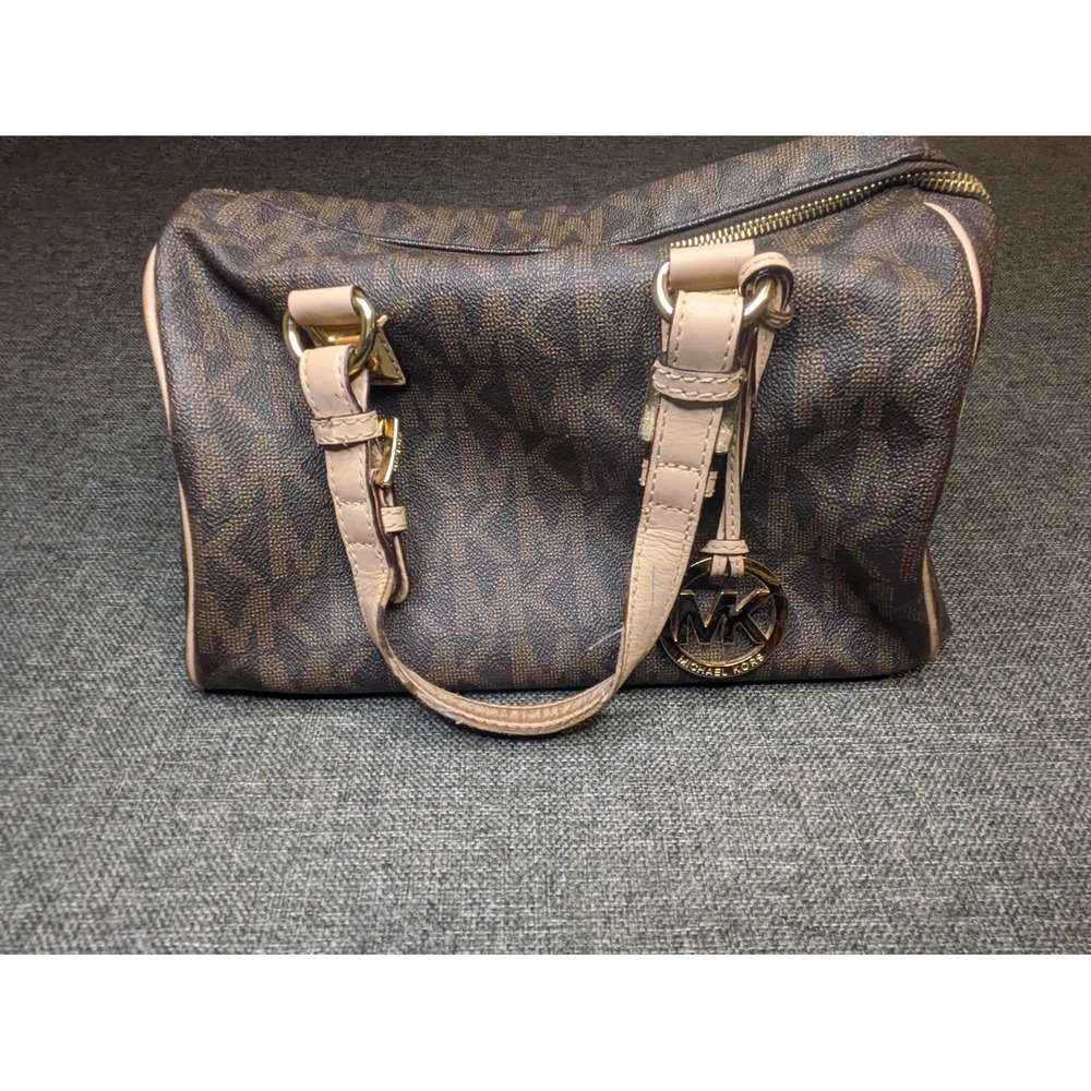 Michael Kors Logo Satchel Gold Charm Purse Cross Bag Brown Beige Monogram